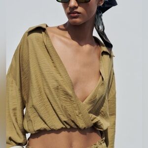Zara NWT Olive Green Crop Long Sleeve Top